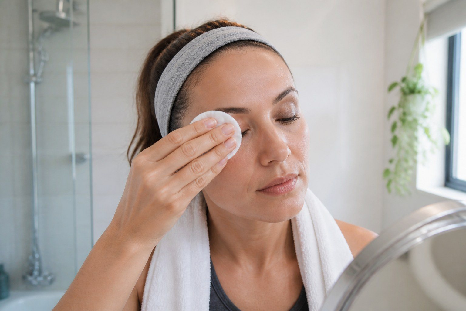 Mujer retirando suavemente el maquillaje de ojos después de entrenar